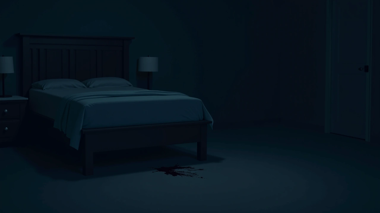Illustration: A dim bedroom at night with a stained patch of carpet visible beneath the bed frame.