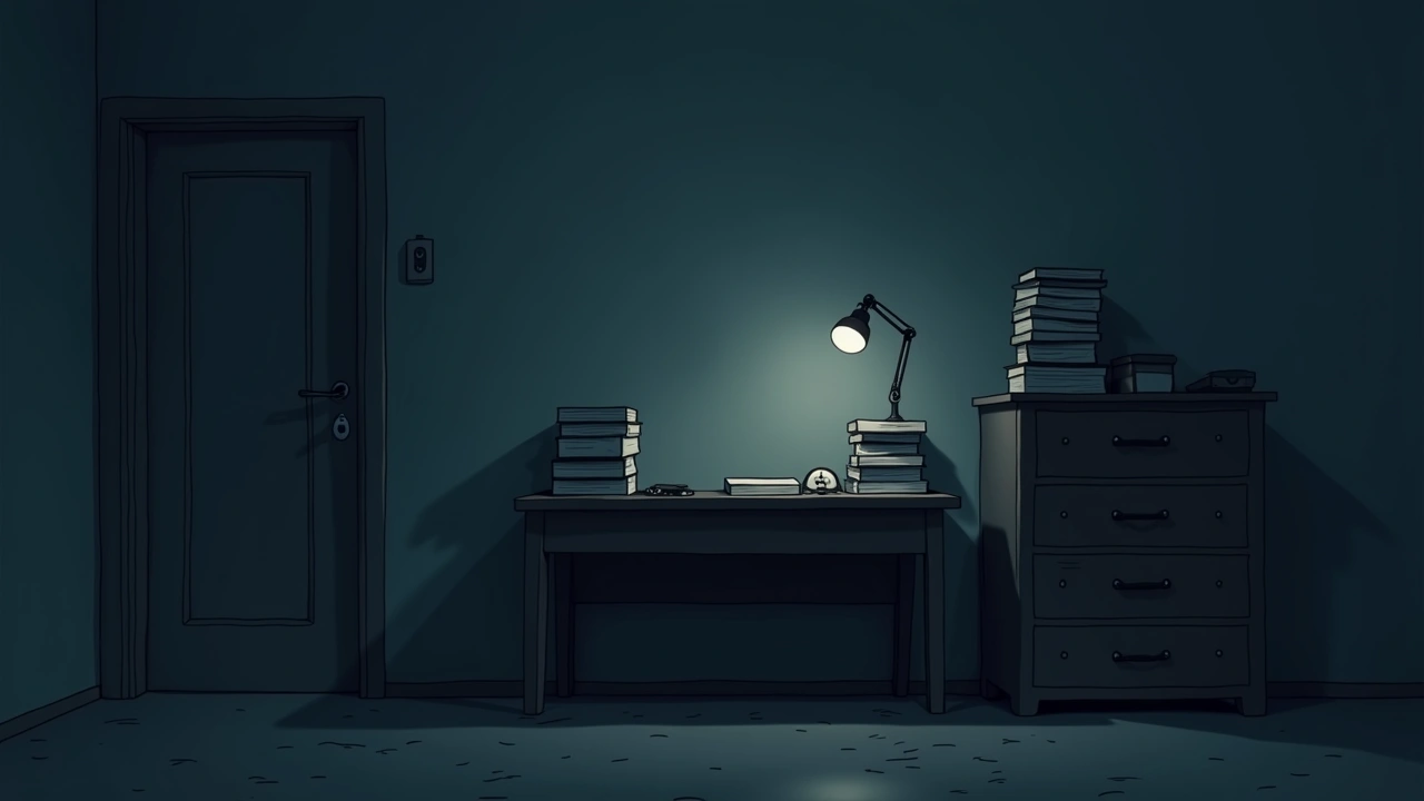 Illustration: a cluttered desk stacked with books in a dim bedroom at night.