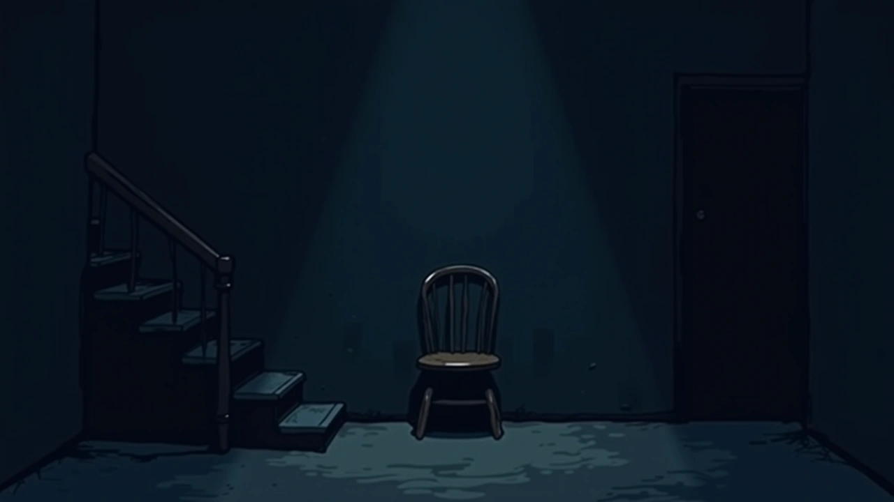 Illustration: a dim basement with a single empty chair and a dark stairwell leading up.