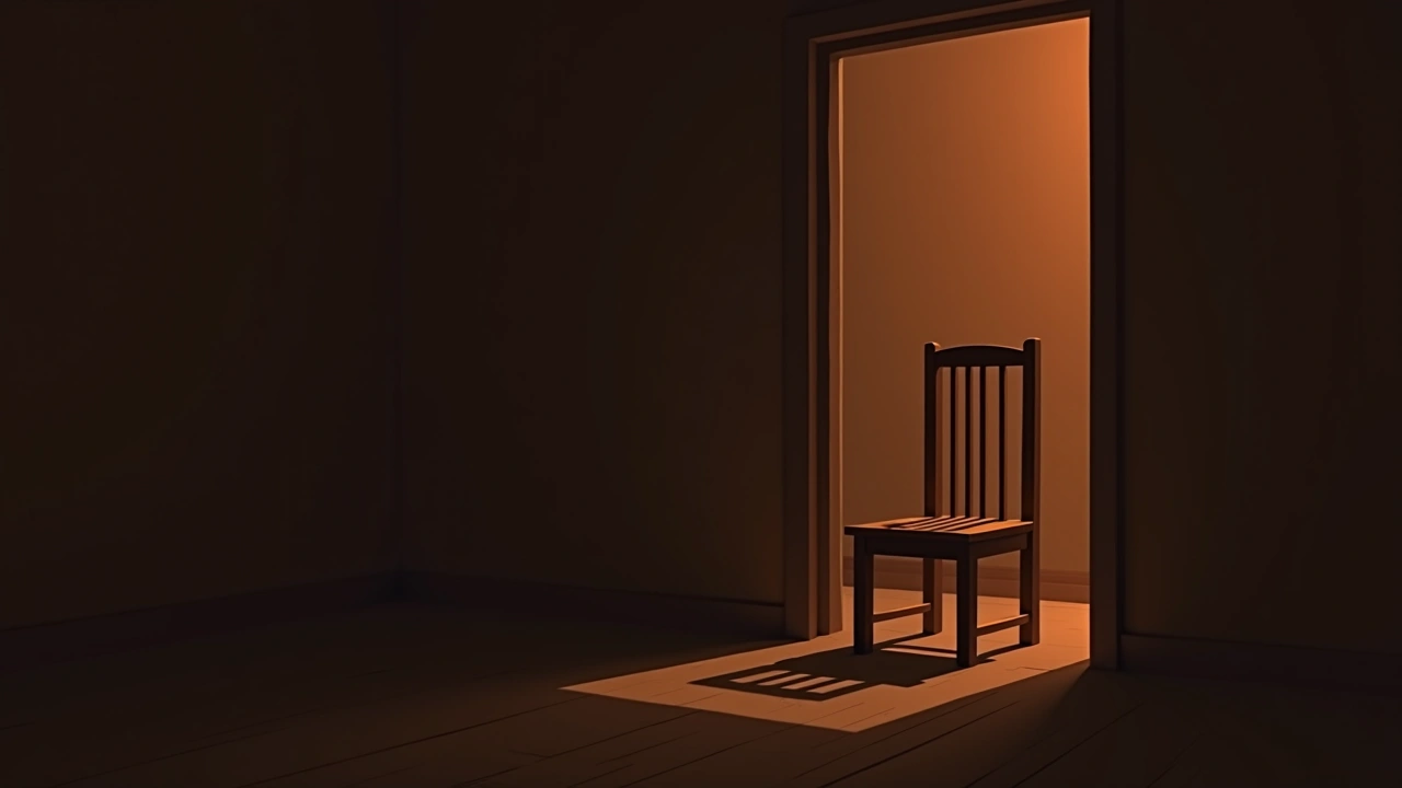 Illustration: a wooden chair in a dim bedroom with deep shadow beneath the seat.
