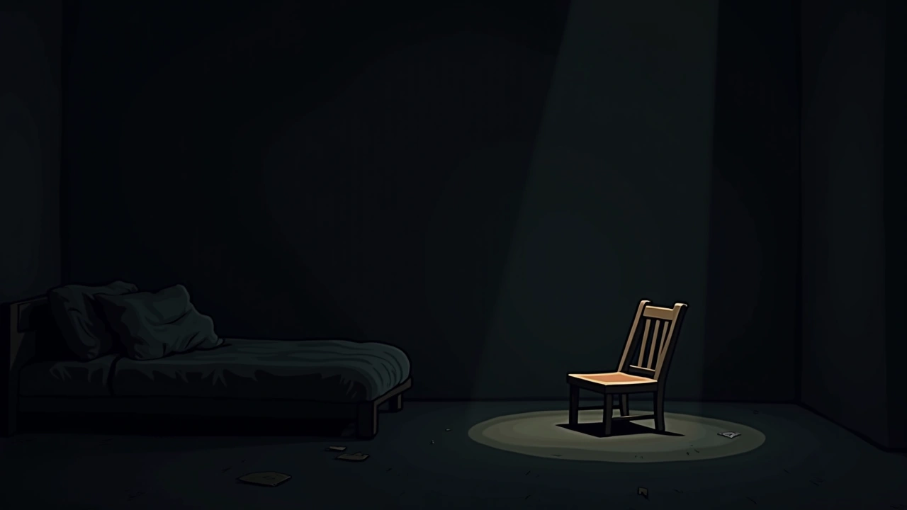 Illustration: a dim bedroom with an unmade bed and shadows beneath a chair.