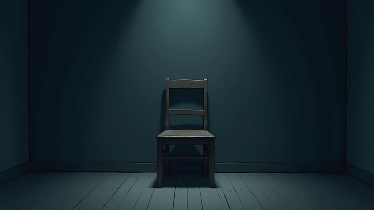 Illustration: a wooden chair in a dim room, the floor visible beneath it.