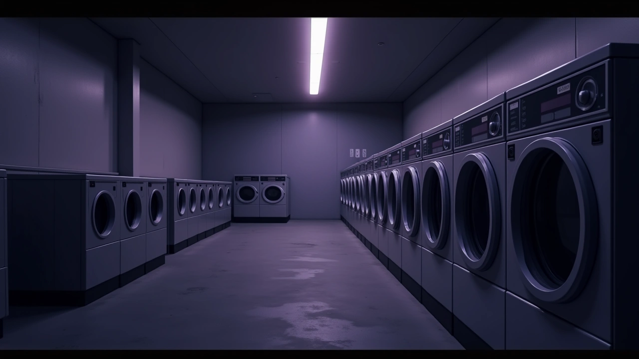 Illustration: a coin laundromat at night, rows of washing machines humming under fluorescent light.
