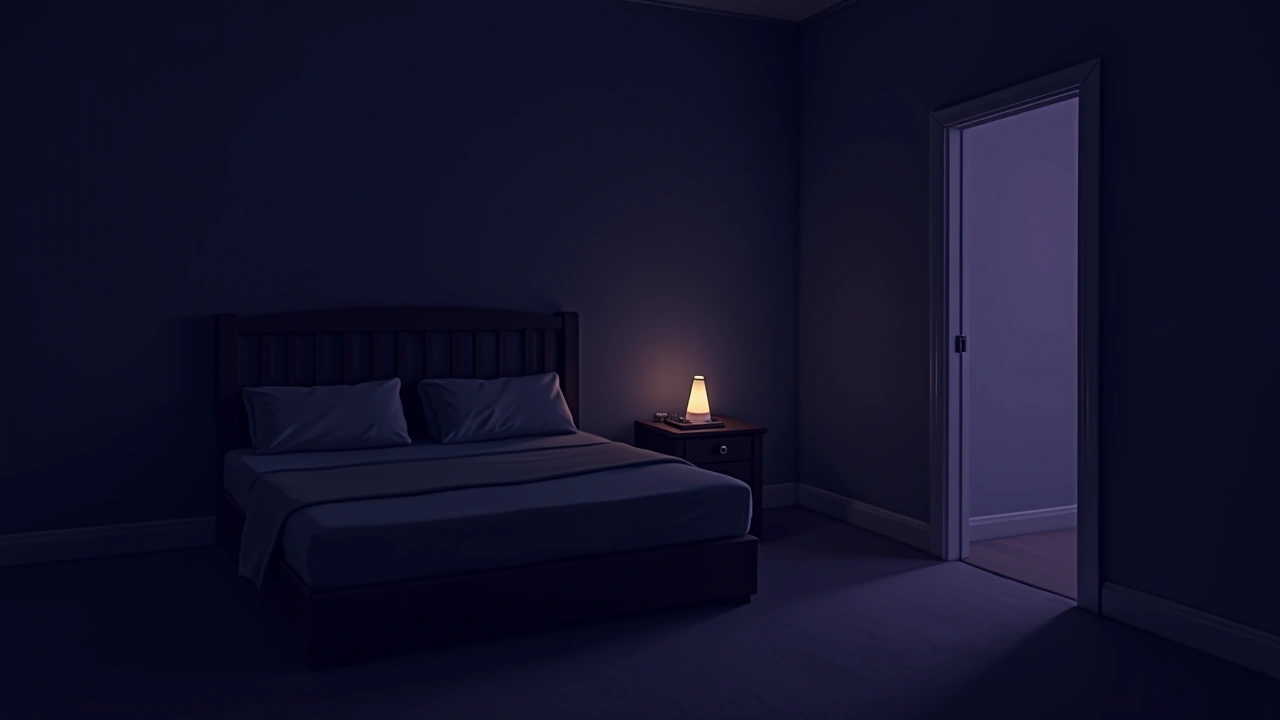Illustration: a quiet home room at night, a phone glowing on a side table.