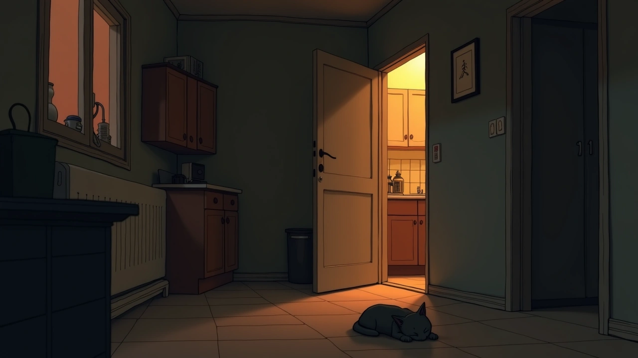 Illustration: a small single story house at night, two grey cats asleep on a kitchen floor.