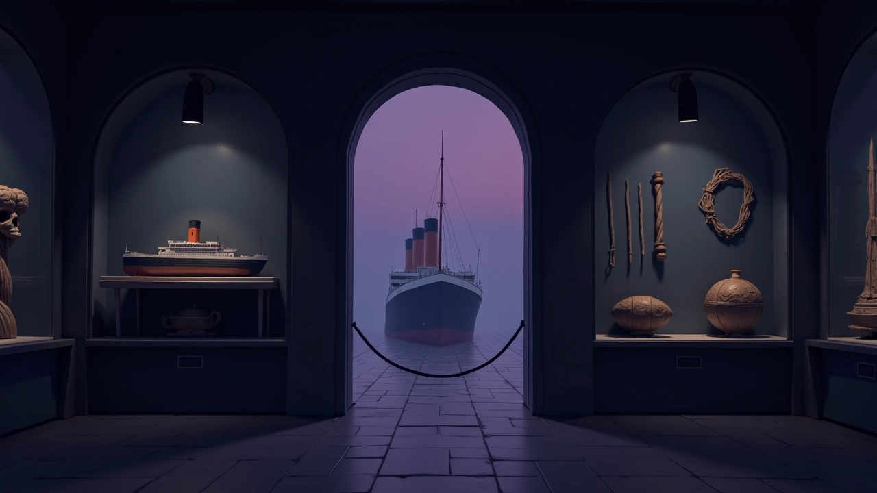 Illustration: a dim museum hall of Titanic artifacts behind glass, ropes and shadows in low light.