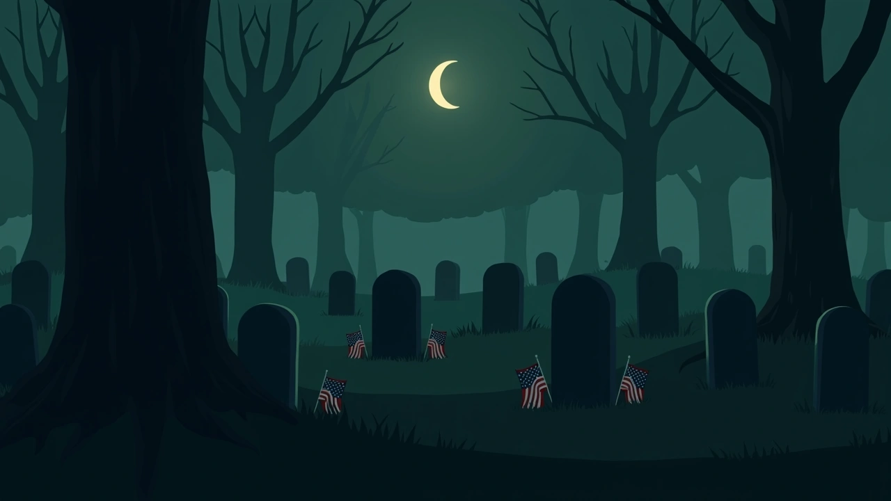 Illustration: A cemetery at dusk with rows of tombstones, small American flags planted among them, soft fading light.