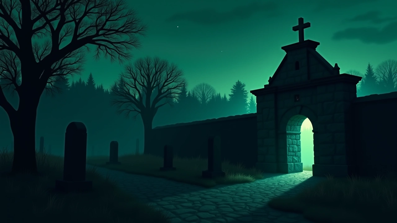 Illustration: A weathered stone mission wall at dusk, beside a quiet historic graveyard.