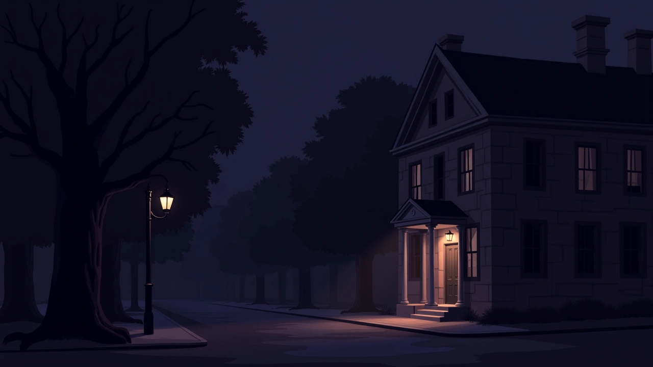 Illustration: an old stone building on a historic ghost tour street at night.