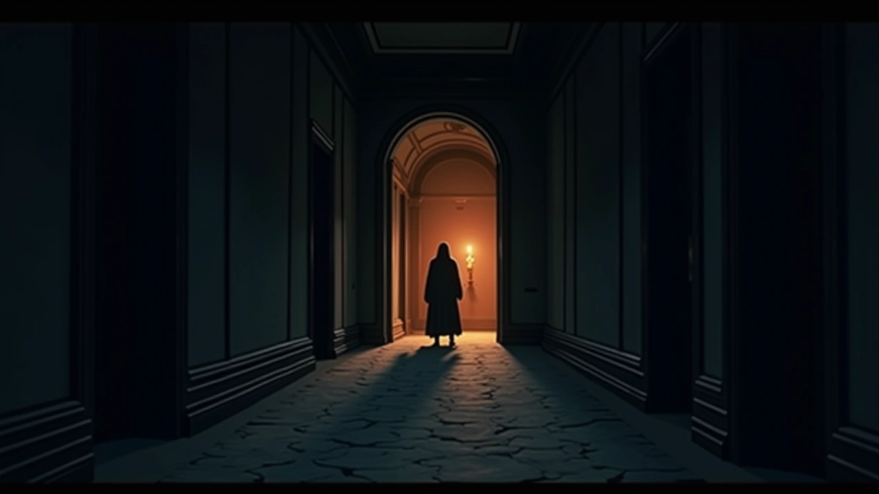 Illustration: A grand old mansion at night, shadows gathering in an empty hallway.