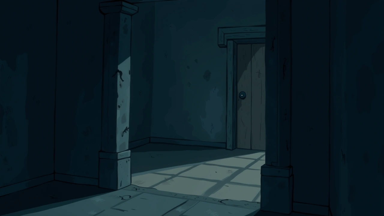 Illustration: a dim room inside an old stone house once used as a wartime hospital.