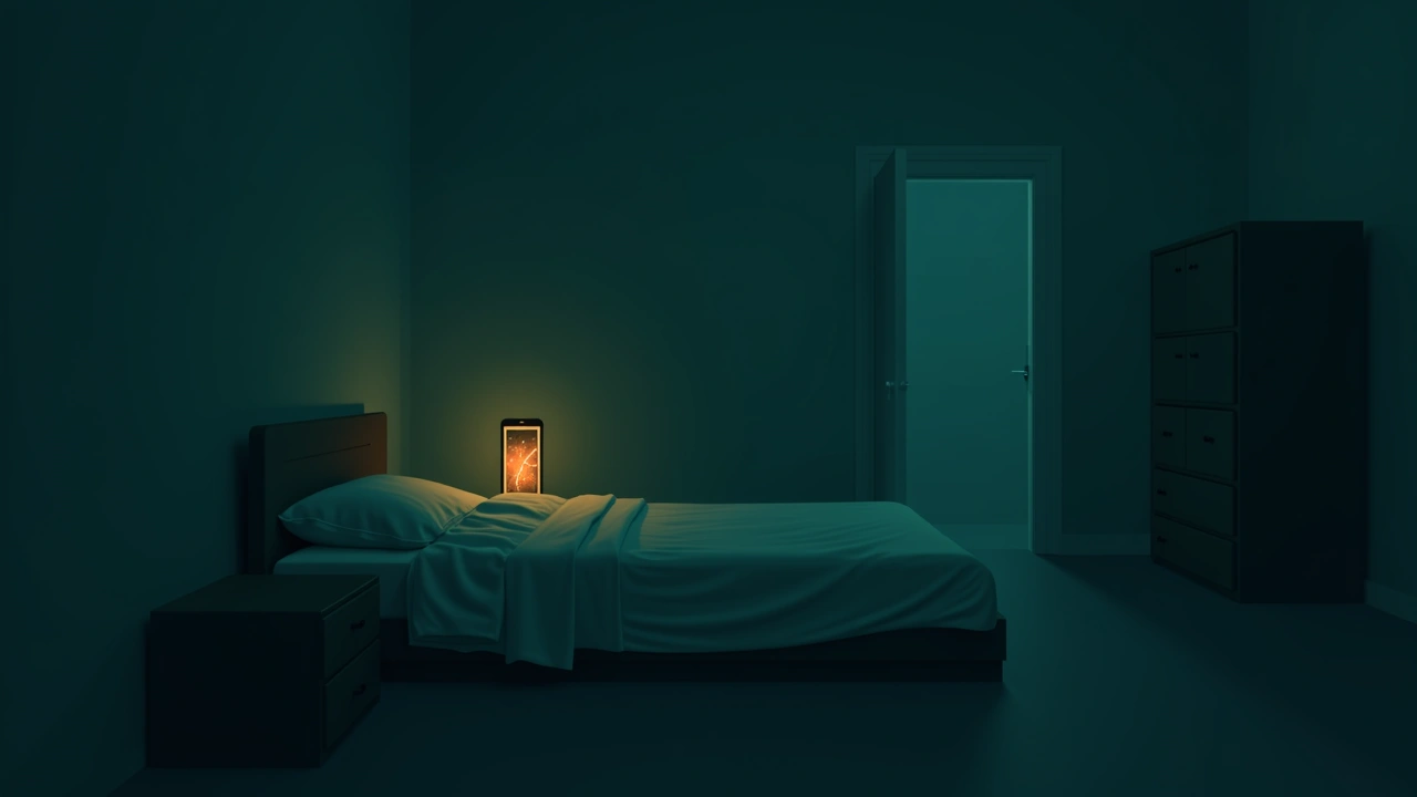 Illustration: A dim bedroom at night lit by a phone screen with an orange spiking signal.