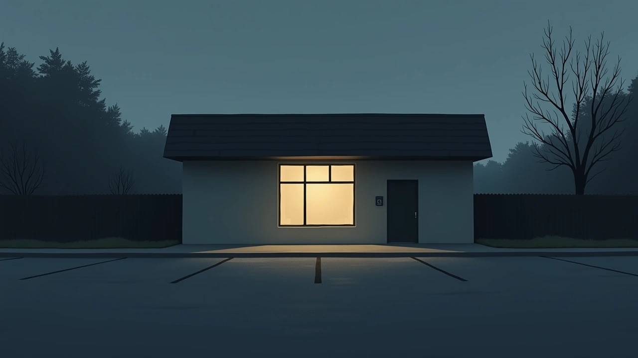 Illustration: the lit window of a dance studio at dusk seen from the parking lot.