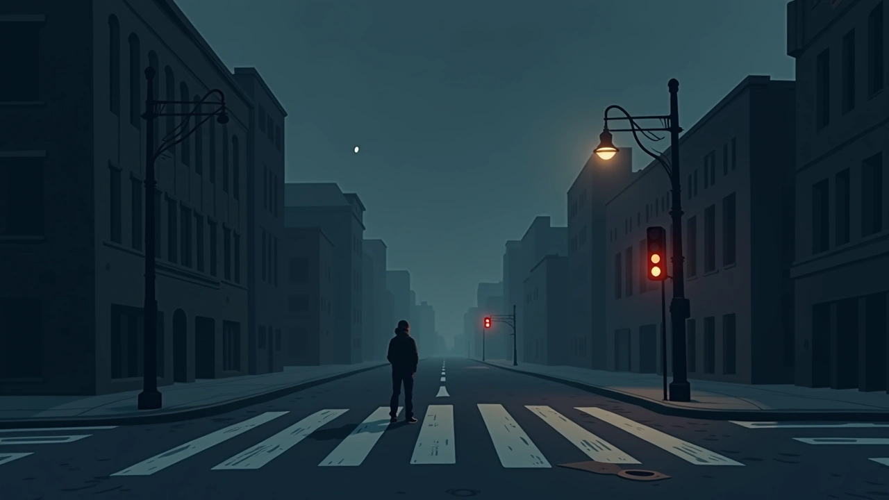 Illustration: a city crosswalk at dusk, the pedestrian signal glowing.