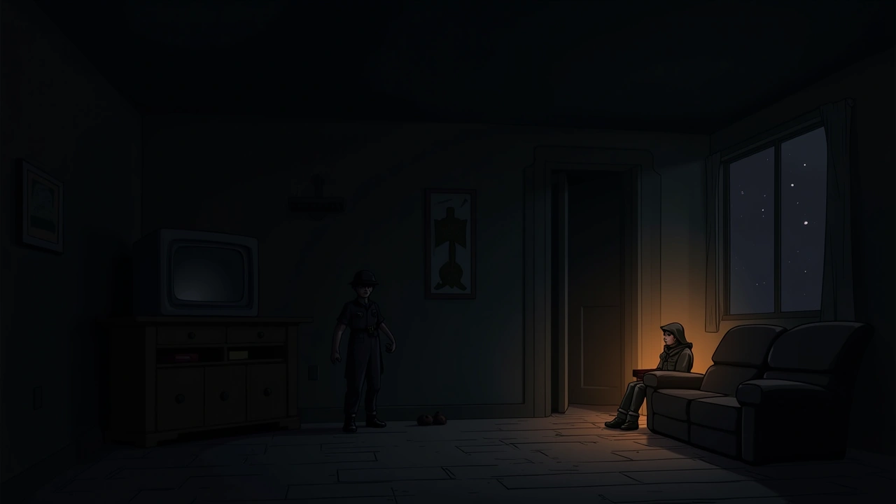 Illustration: A small memorial corner with old war memorabilia in a dim living room.