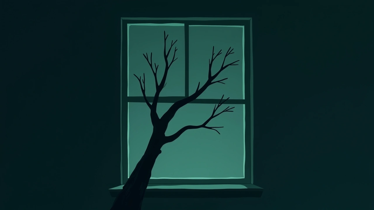 Illustration: a bare tree branch scraping against a window at night.