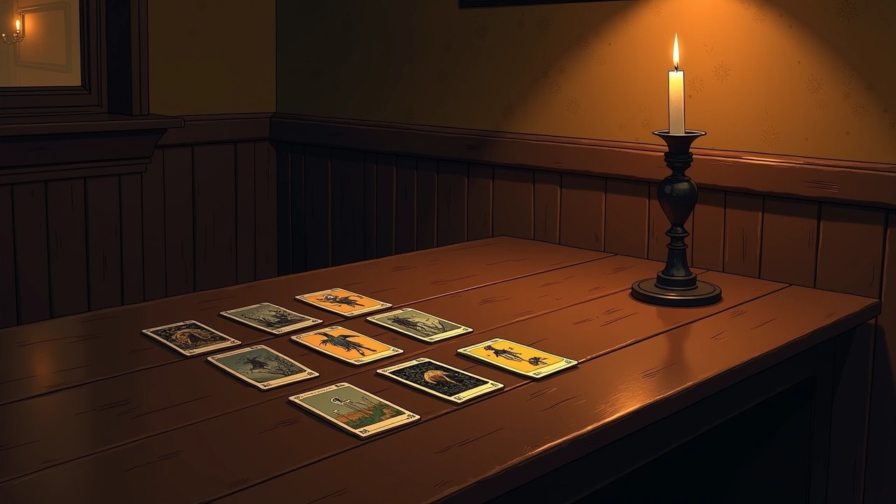 Illustration: a spread of tarot cards on a wooden pub table, warm evening light.