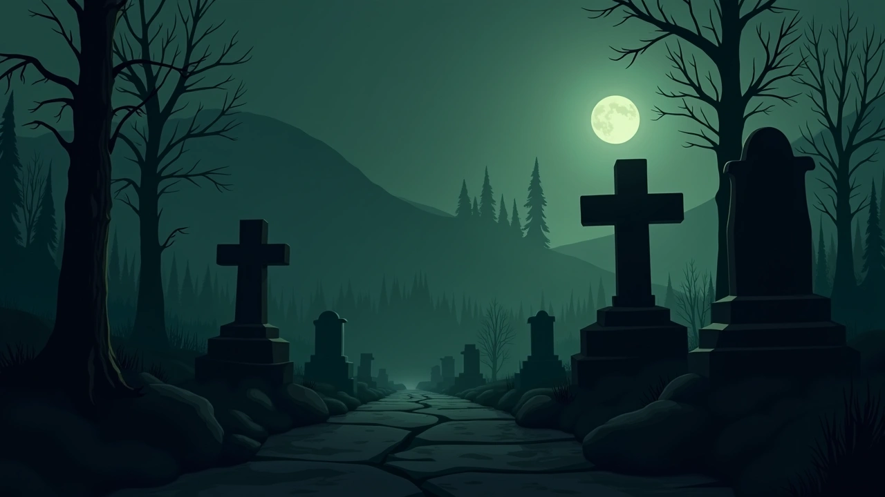 Illustration: A weathered cemetery at dusk with old headstones in a former mining town.