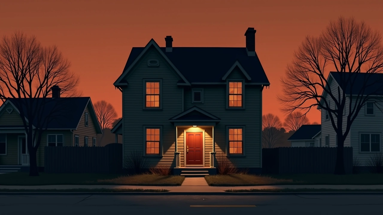 Illustration: The exterior of an old house at dusk in a quiet neighborhood.
