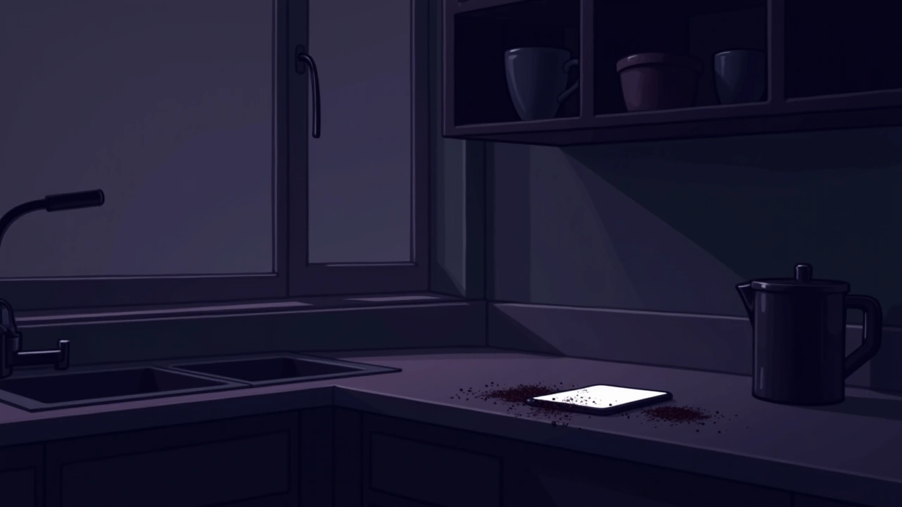 Illustration: a kitchen counter with spilled coffee grounds beside a glowing phone screen.