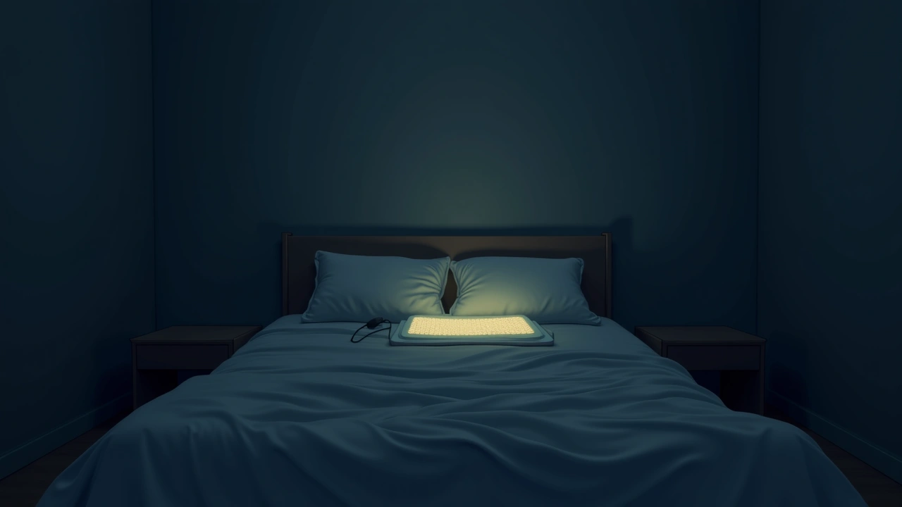 Illustration: a heating pad glowing warm on a bed in a dim room.