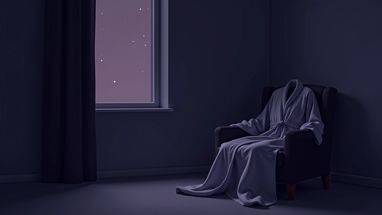 Illustration: a dim bedroom at night with a heavy robe draped over a chair.