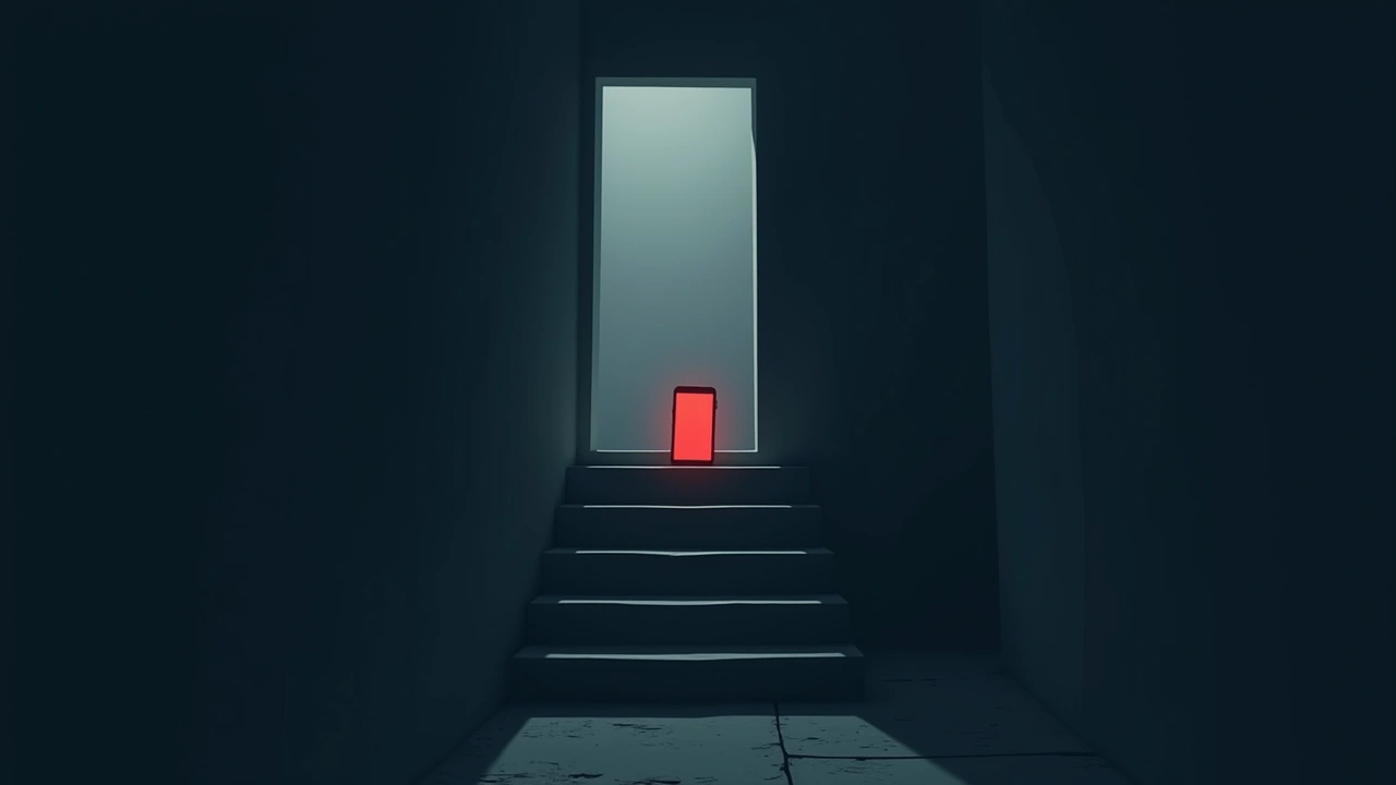 Illustration: a basement doorway at the top of dark stairs, lit red by a phone screen.