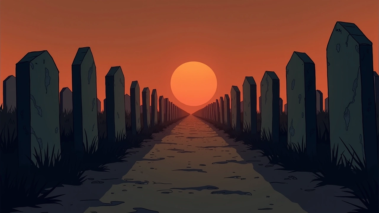 Illustration: a quiet cemetery at dusk with rows of weathered headstones.