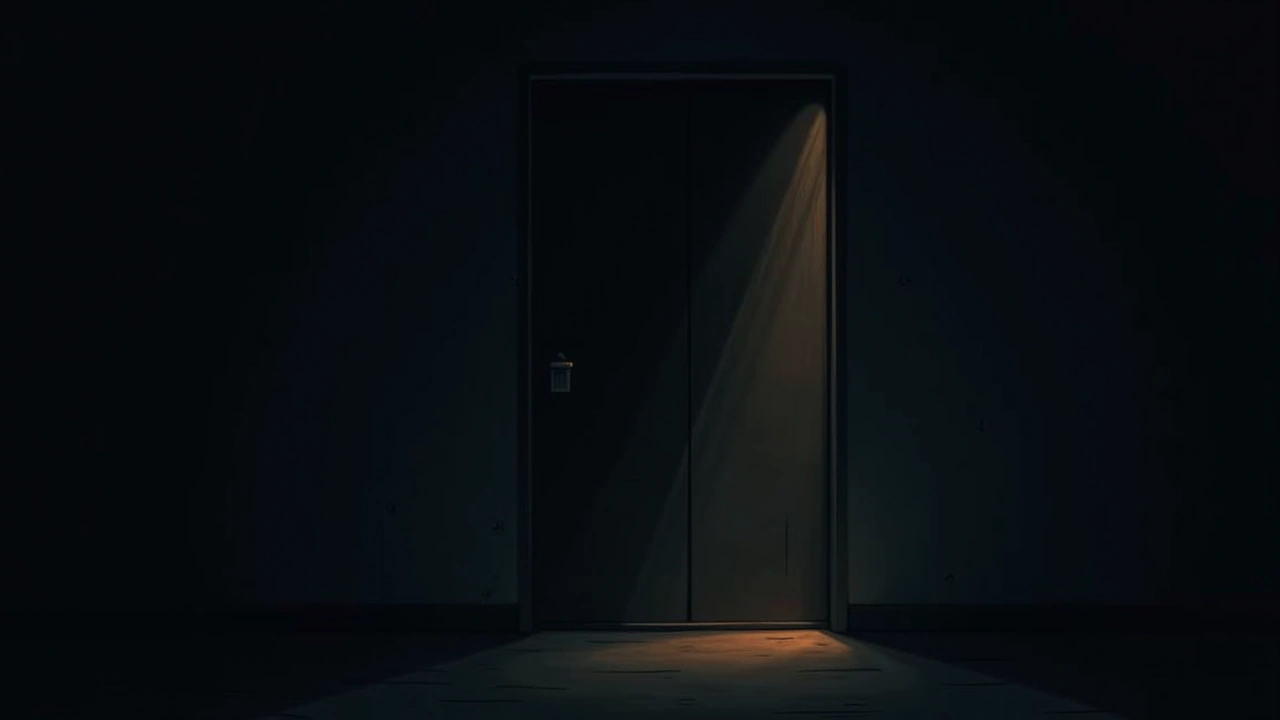 Illustration: a closed interior door in a dim, empty home at night.