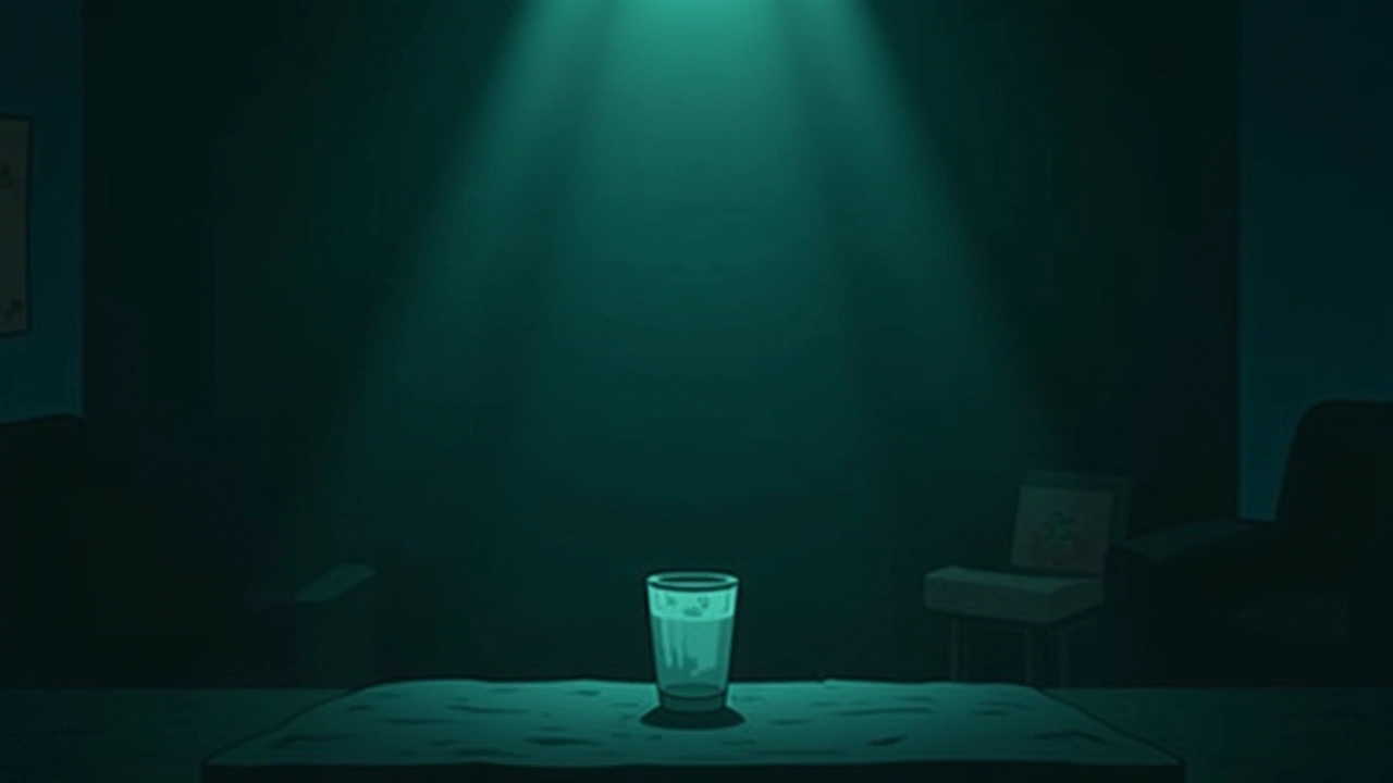 Illustration: an empty drinking glass on a table in a crowded living room.