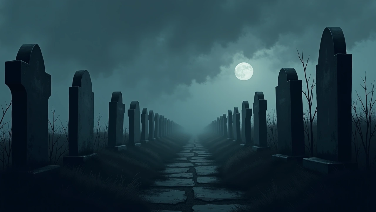 Illustration: a quiet rural cemetery at dusk, rows of weathered headstones.