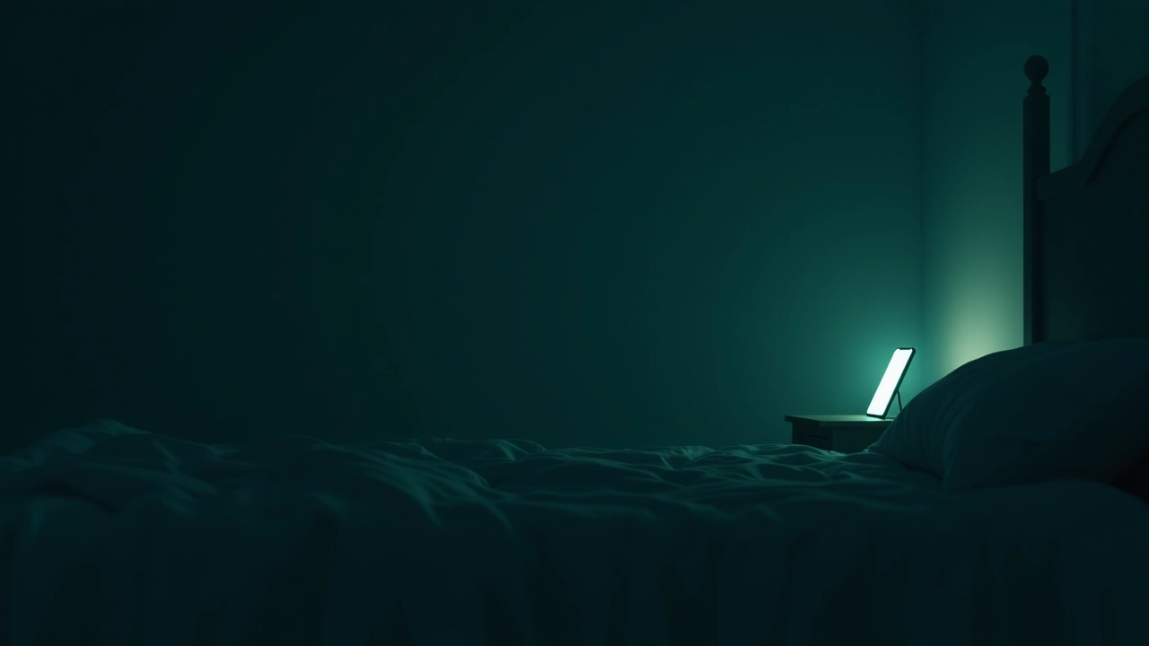 Illustration: a smartphone glowing faintly on a nightstand in a dark bedroom late at night.