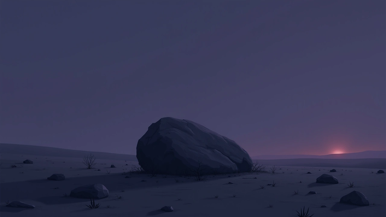 Illustration: a large rough stone lying on bare ground in dim light.