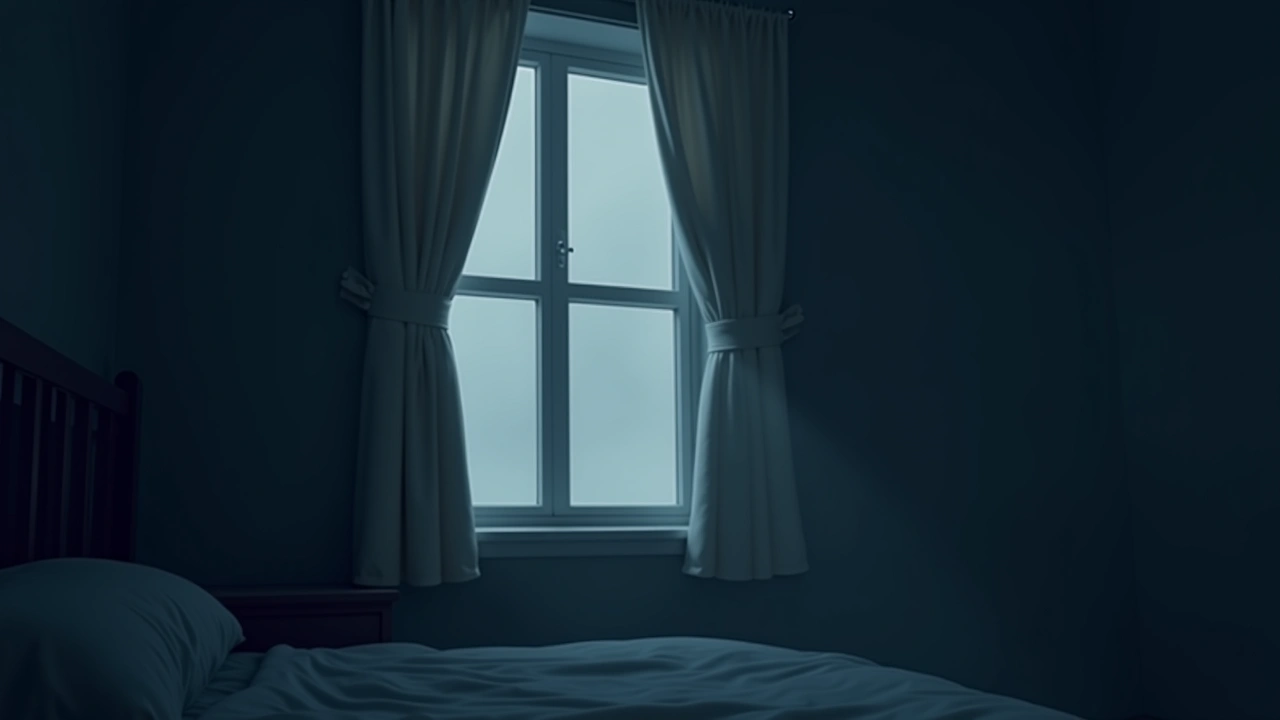 Illustration: a bedroom window at night, curtains slightly parted.