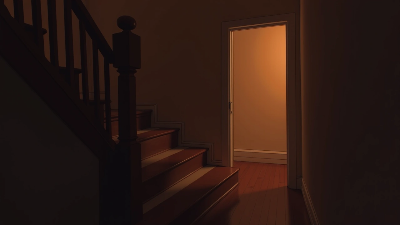 Illustration: an empty staircase in a newly moved-into house, dim evening light.