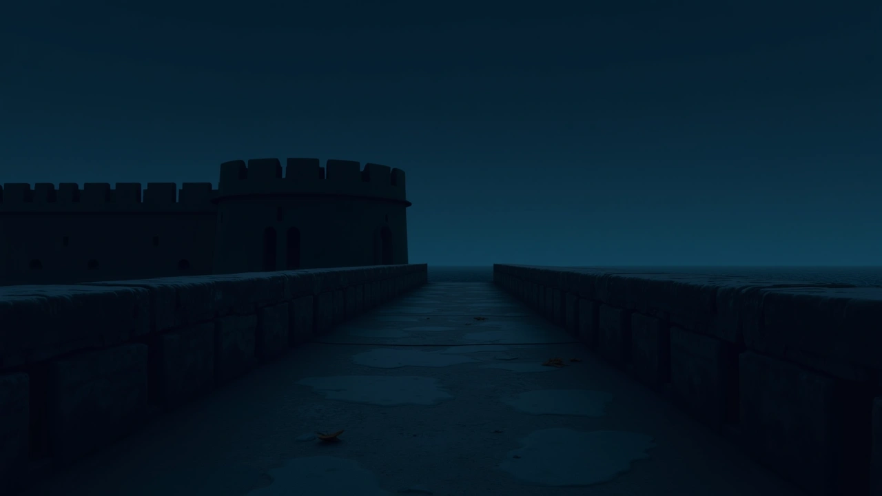 Illustration: the weathered brick ramparts of an old coastal fort at dusk.