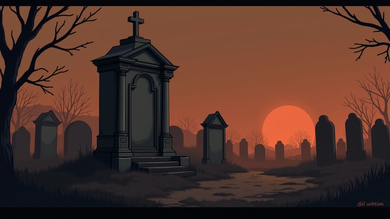 Illustration: a weathered tomb in an old cemetery.