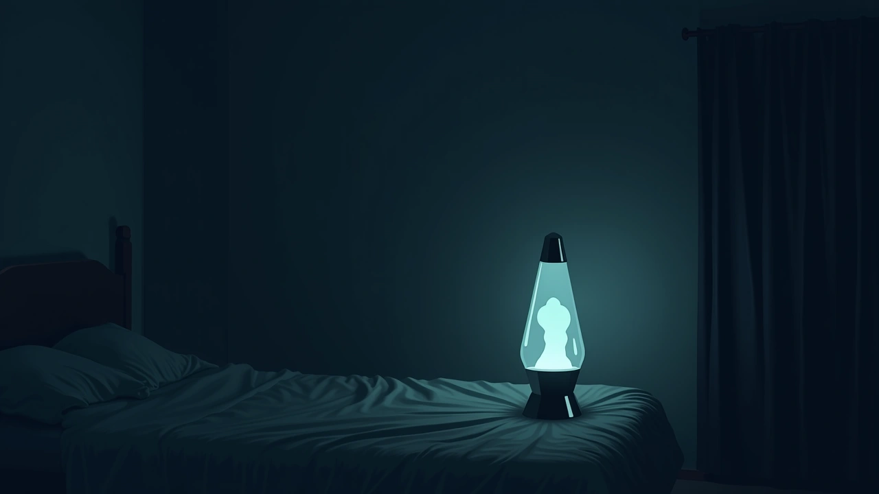 Illustration: a lava lamp glowing in a dim bedroom at night.