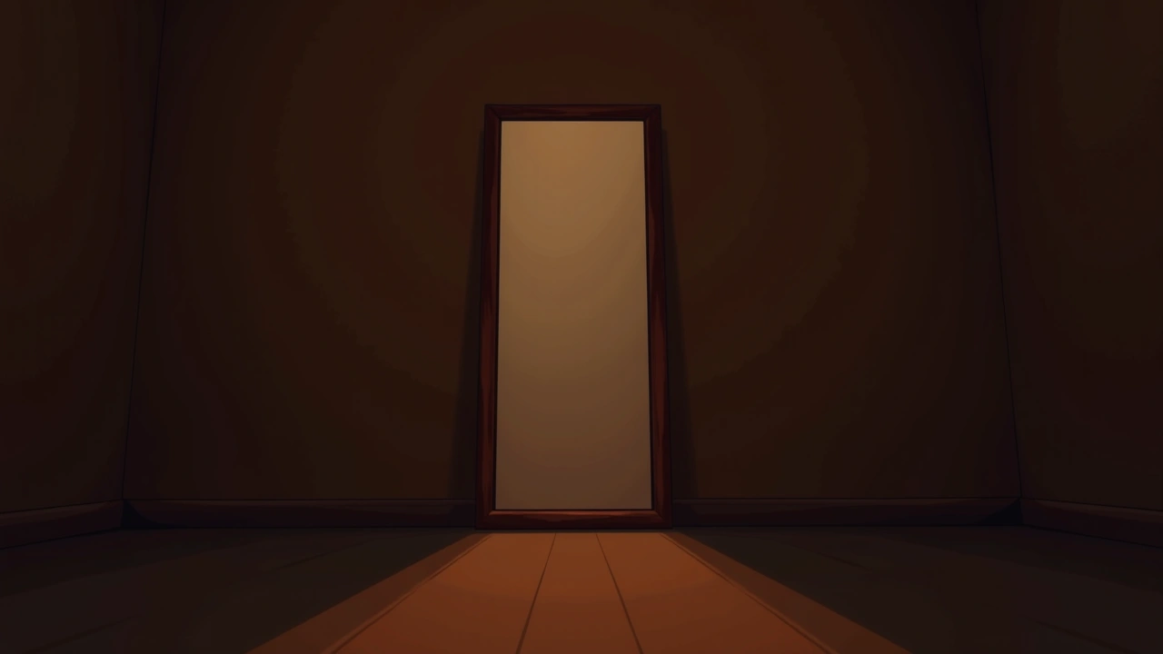 Illustration: a tall mirror in a dim room, its wooden frame catching low light.
