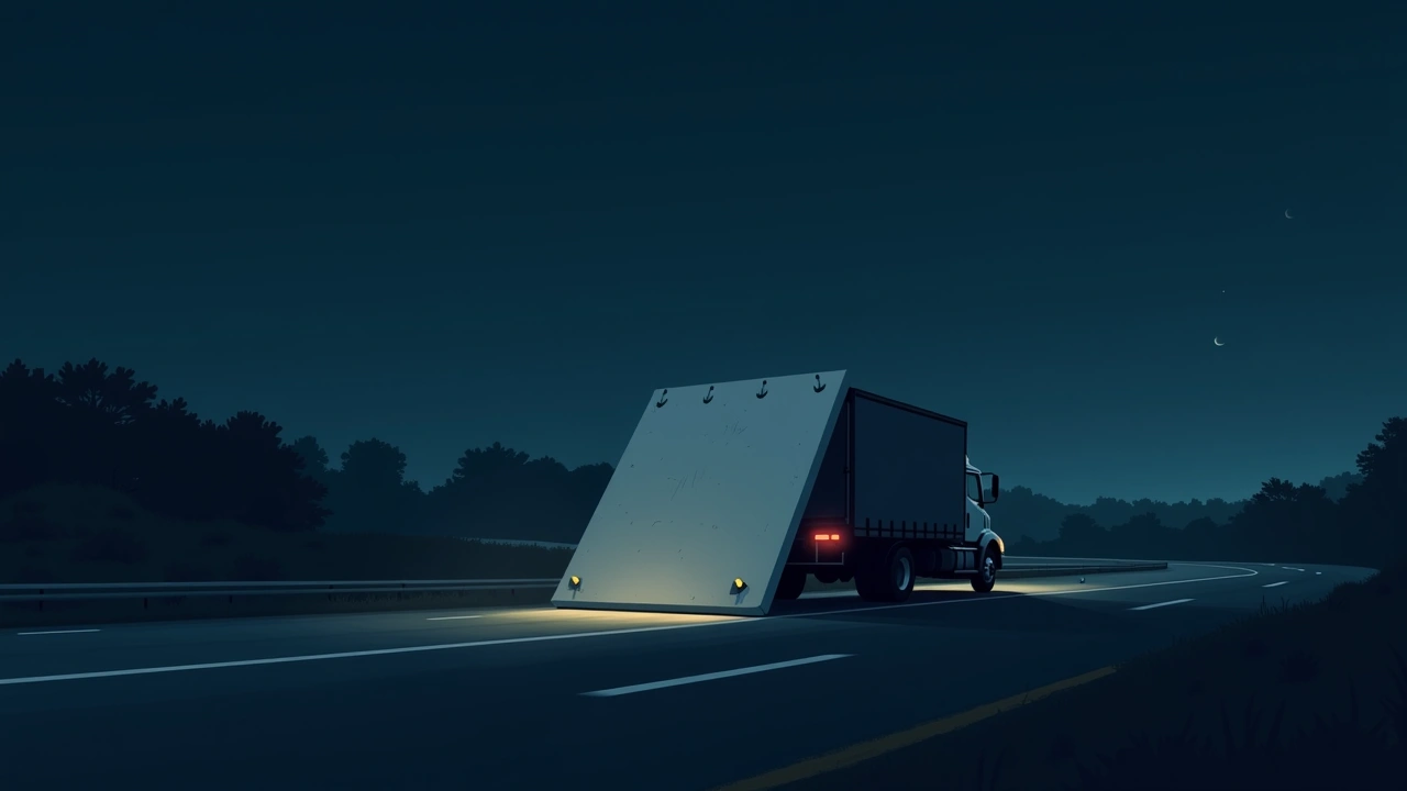 Illustration: a sheet of white drywall falling from a truck onto a highway at dusk.