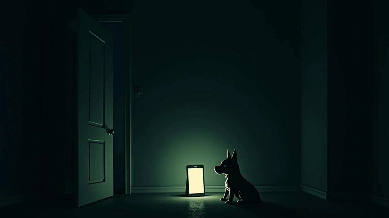 Illustration: a small dog sitting beside a glowing phone screen in a dim room.