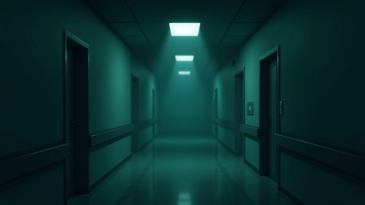 Illustration: a dim, empty hospital corridor at night.