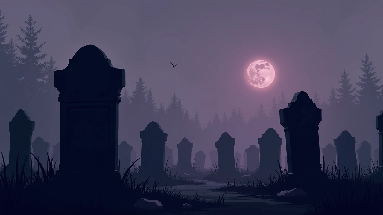 Illustration: rows of old weathered gravestones at dusk, one tipped slightly on its base.