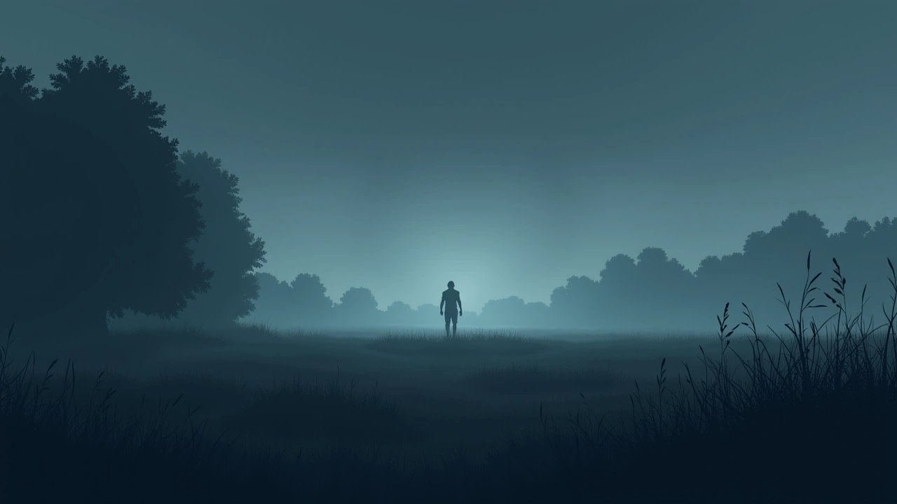 Illustration: A quiet rural field at dusk with tall grass and mist settling near the tree line.