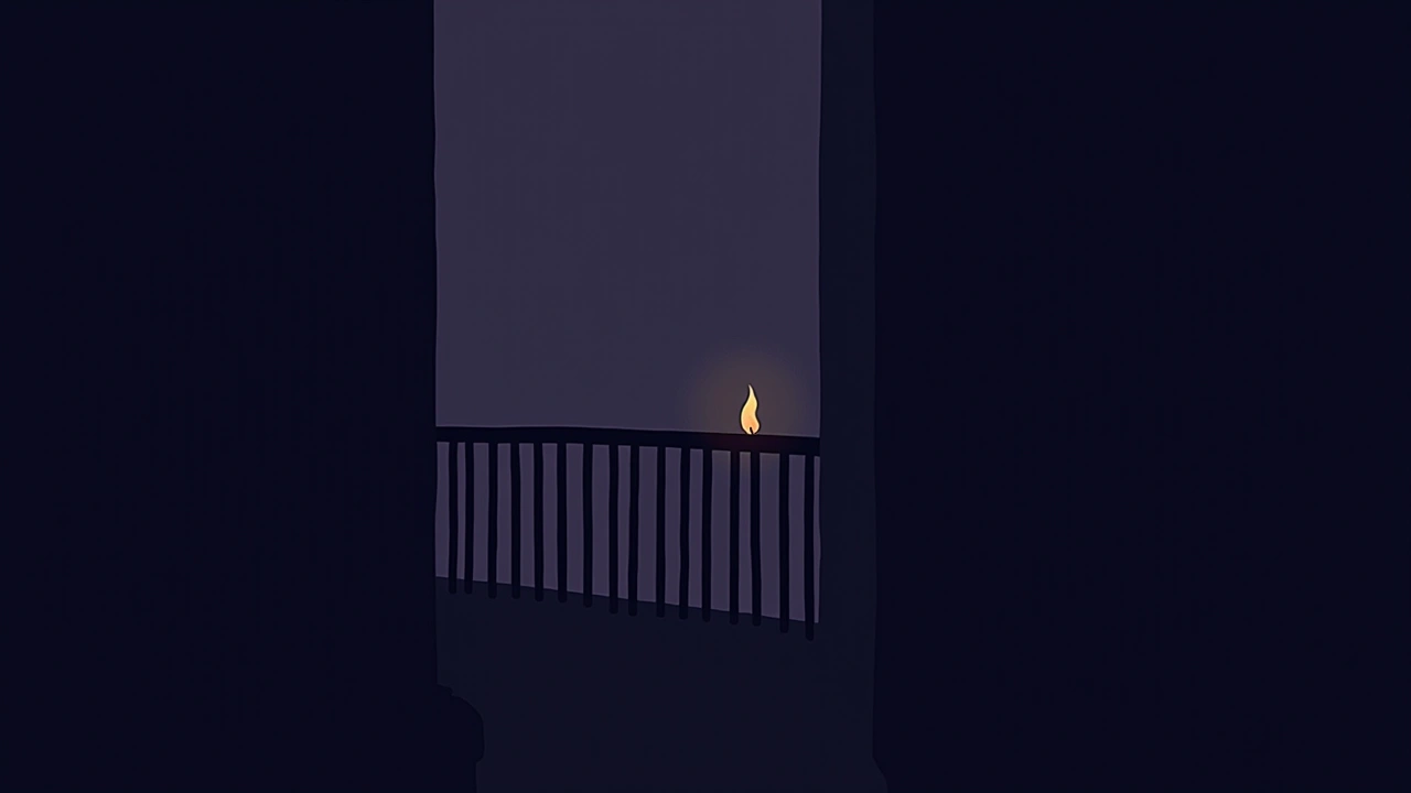 Illustration: a dark balcony at night with a single lit cigarette ember glowing in the shadows.
