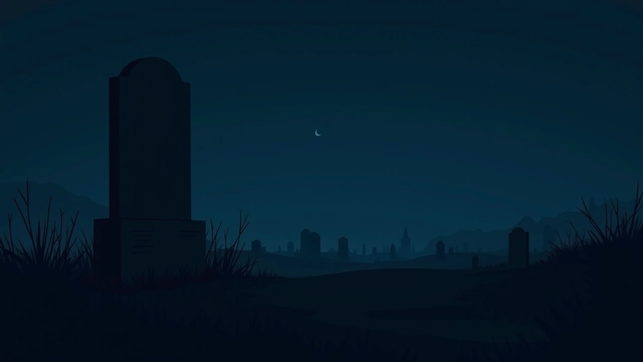Illustration: a solitary gravestone in a quiet cemetery at dusk.