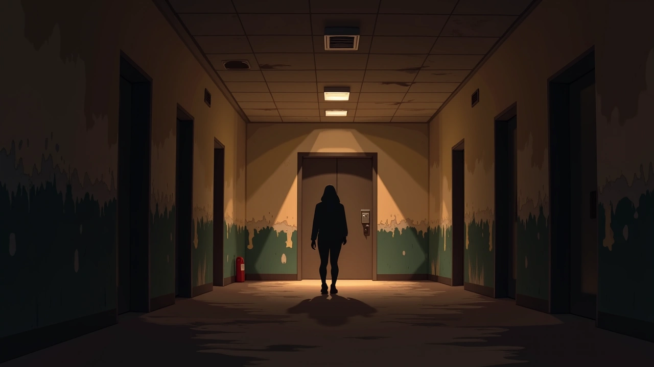 Illustration: a dim, abandoned hospital corridor at night with peeling walls and flickering light.