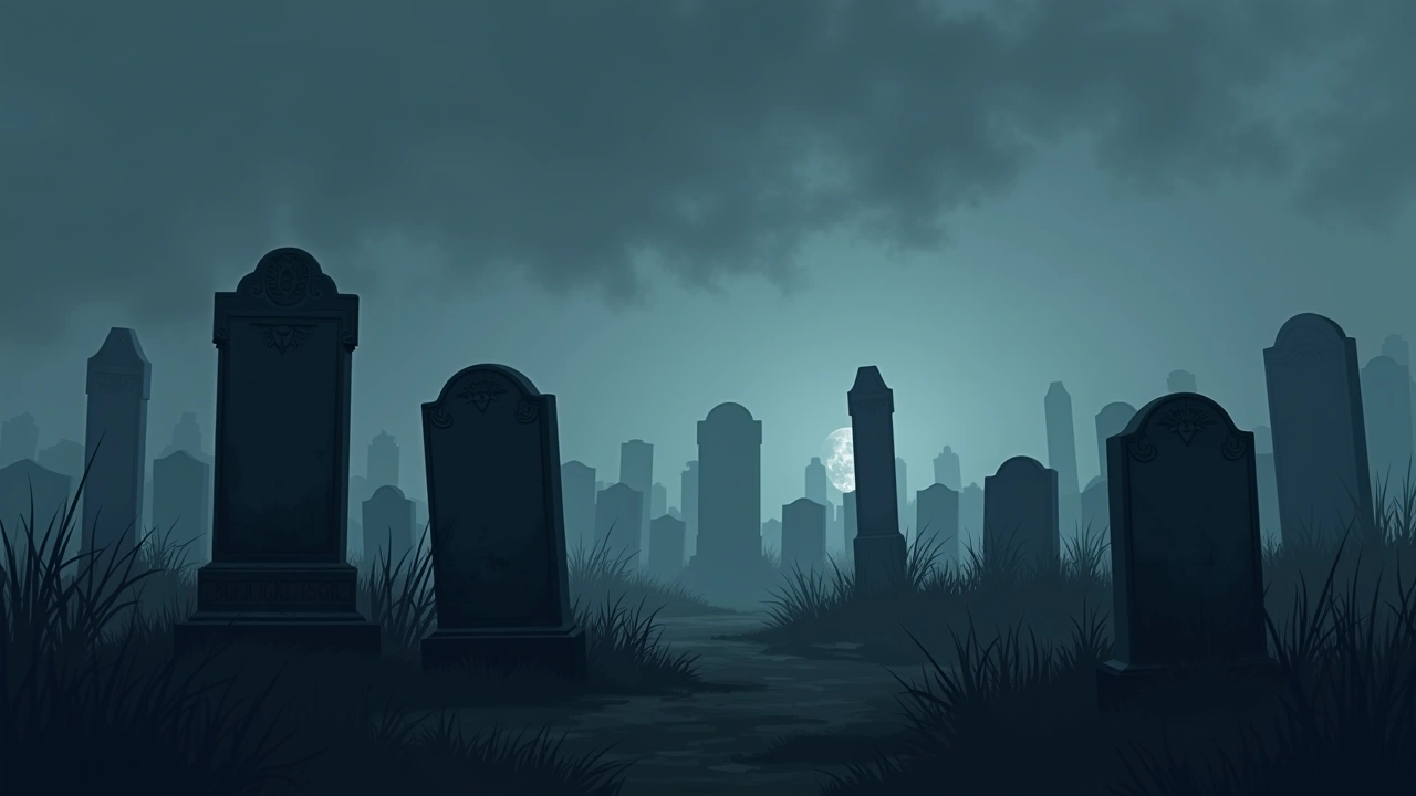 Illustration: weathered headstones in an old Civil War era cemetery at dusk.