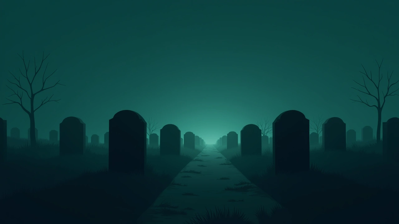 Illustration: A graveyard across the street at dusk, rows of weathered headstones.