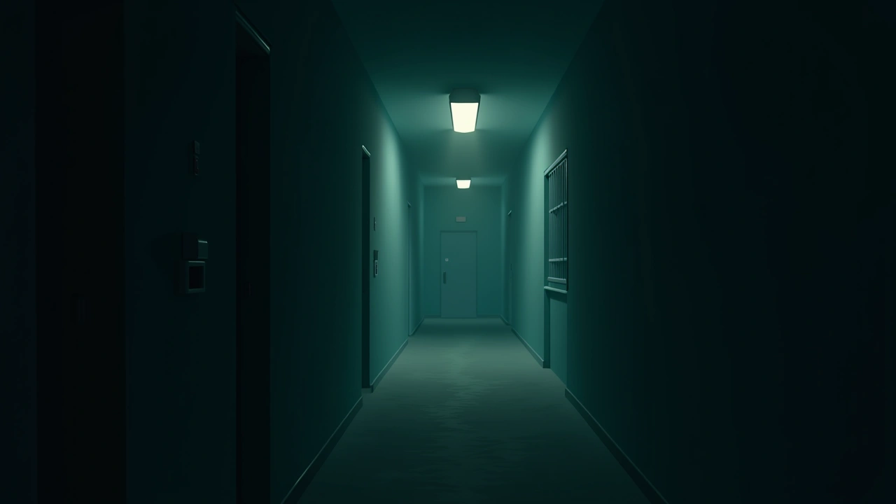 Illustration: a dimly lit prison cellblock corridor at night.
